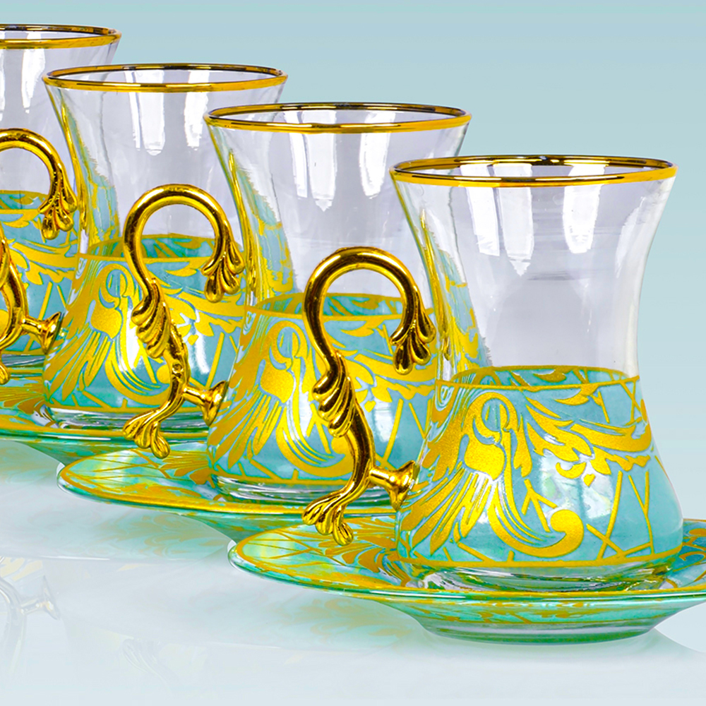 Vissmarta Vintage Turkish Tea Glasses Cups Saucers Set of 6 for Women Glassware Drinking Party Teapot Style Teacups Moroccan Persian Coffee Adults